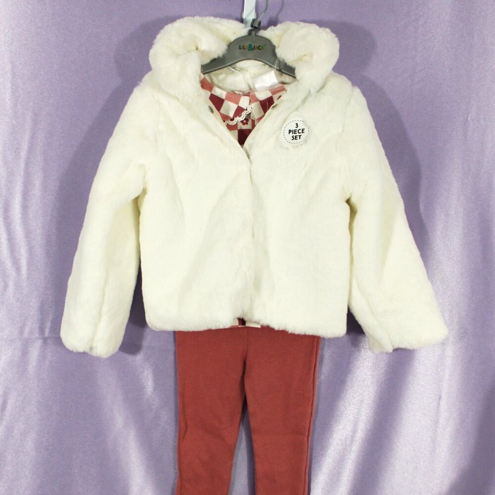 CLEARANCE NWT Lily & Jack Girls 3-Piece Outfit Set Faux Fur Jacket Top Leggings
